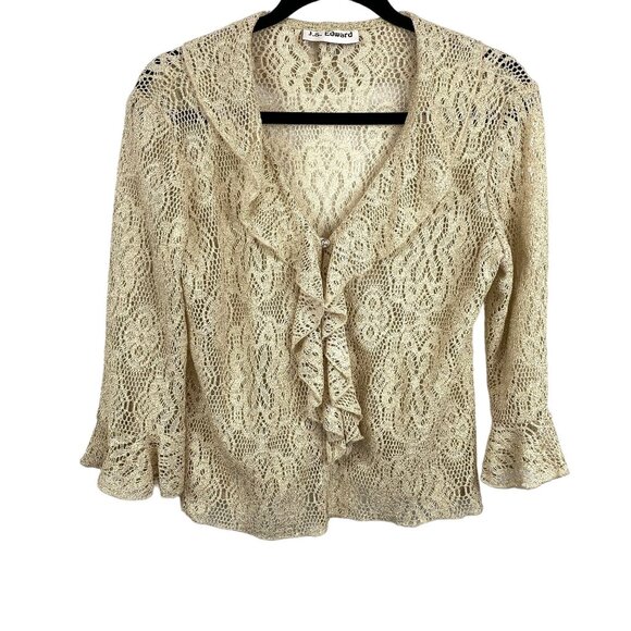 Womens Small Y2K Beige Lace Ruffle Blouse Cardigan Flared 3/4 Sleeves - Picture 1 of 11